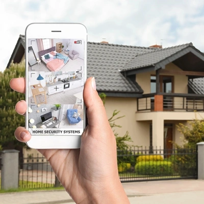 Richmond vivint phone display of cctv live feed in front of a house